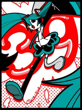 1girl 39 aqua_hair aqua_necktie aqua_trim arms_up artist_name bare_shoulders black_border black_skirt black_sleeves blush_stickers boots border collared_shirt commentary_request detached_sleeves full_body hair_between_eyes hair_ornament hatsune_miku heisei_retro limited_palette long_hair machigami_yoh necktie open_mouth polka_dot shirt single_blush_sticker skirt sleeveless sleeveless_shirt smile solid_circle_pupils solo thigh_boots twintails very_long_hair vocaloid white_shirt