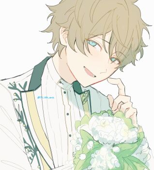 Rule 34 | 1boy, aqua eyes, buttons, commentary, ensemble stars!, flower, hand up, highres, lapels, looking at viewer, lower teeth only, male focus, official alternate costume, open mouth, peaked lapels, ri (yu 1104 enst), ring (ensemble stars!), short hair, simple background, solo, takamine midori, teeth, twitter username, upper body, white background, white flower