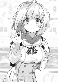 1girl ahoge blush bob_cut breasts building closed_mouth collared_shirt cowboy_shot dorothy_goat greyscale hair_ornament hairclip hands_up highres kanzen_muken_no_shinjin_majutsusei large_breasts lips long_sleeves looking_at_viewer monochrome nauribon non-web_source novel_illustration official_art open_hand outdoors ribbon sailor_collar shirt short_hair silhouette smile solo spread_fingers standing tareme tented_shirt tree underbust waving