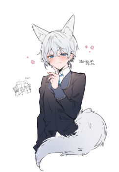 Rule 34 | 1boy, 1girl, animal ear fluff, animal ears, anna (ikeuchi tanuma), black jacket, blue eyes, blush, bow, character request, check character, closed mouth, collared shirt, ears down, grey hair, hair between eyes, hair bow, hand up, ikeuchi tanuma, jacket, kemonomimi mode, light smile, long sleeves, looking at viewer, original, rudy (ikeuchi tanuma), shirt, simple background, tail, translation request, white background, white shirt