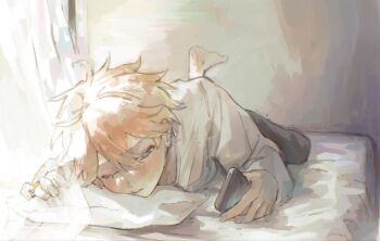 1boy akehoshi_subaru barefoot black_pants blue_eyes cellphone closed_mouth curtains ensemble_stars! full_body hair_between_eyes highres holding holding_phone indoors leg_up long_sleeves looking_at_phone lying male_focus on_bed on_stomach one_eye_closed orange_hair pants phone pillow see-through_curtains shirt short_hair solo white_shirt wwww6210