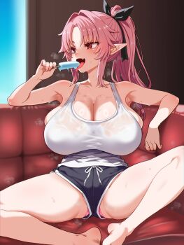 Rule 34 | 1girl, absurdres, armpits, black bow, black shorts, bow, breasts, butterfly sitting, collarbone, commentary request, commission, dolphin shorts, eating, fang, food, food in mouth, full body, hair bow, high ponytail, highres, holding, holding food, holding popsicle, huge breasts, licking, long hair, long pointy ears, looking to the side, melting popsicle, original, panties, panty peek, parted bangs, pink hair, pink panties, pointy ears, ponytail, popsicle, popsicle in mouth, red eyes, second-party source, shirt, short shorts, shorts, sitting, skeb commission, skindentation, solo, spread legs, sweat, tank top, tenmaru (pointcircle), underwear, upshorts, white shirt, white tank top, wide spread legs