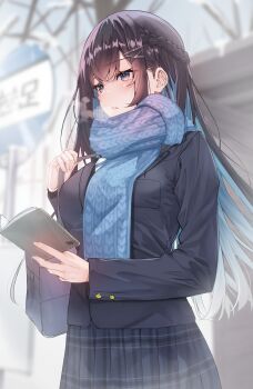 1girl absurdres bag bare_tree black_bag black_hair black_jacket black_skirt blue_eyes blue_hair blue_scarf blurry blurry_background braid braided_scarf breast_pocket breath bus_stop colored_inner_hair hair_ornament hairclip half_up_braid highres holding holding_notebook jacket kaerunoashi long_hair long_sleeves multicolored_hair notebook original outdoors parted_lips plaid_clothes plaid_skirt pleated_skirt pocket scarf school_bag school_uniform sign skirt solo tree upper_body winter x_hair_ornament