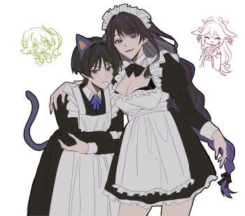 1boy 3girls alternate_costume animal_ears apron arm_around_shoulder arm_at_side arm_over_shoulder bell black_bow black_bowtie black_hair black_ribbon black_skirt black_sleeves blunt_bangs blunt_ends bow bowtie bracelet braid breasts bright_pupils cat_ears cat_tail cleavage closed_mouth colored_inner_hair cropped_legs cropped_torso cross-shaped_pupils crossdressing crossdressing_(mtf) detached_sleeves enmaided eyeliner eyeshadow fake_animal_ears fingernails fox_ears frilled_apron frilled_headwear frilled_skirt frills genshin_impact gradient_hair grey_hair hair_between_eyes hair_intakes hair_ornament hair_ribbon half_crown_braid hand_on_own_elbow highres jewelry jingle_bell juliet_sleeves leaf leaf_hair_ornament light_blush long_hair long_sleeves looking_at_viewer low-braided_long_hair low-tied_long_hair lower_teeth_only maid maid_apron maid_headdress makeup male_maid mother_and_son multicolored_hair multiple_girls nahida_(genshin_impact) no6_gnsn open_hand open_mouth own_hands_clasped own_hands_together parted_bangs pointy_ears puffy_long_sleeves puffy_sleeves purple_eyes purple_hair purple_nails purple_ribbon raiden_shogun raised_eyebrows red_eyeliner red_eyeshadow ribbon scaramouche_(genshin_impact) side_ponytail sidelocks skirt smile symbol-shaped_pupils tail teeth triangle_mouth unamused very_long_hair white_background white_pupils wide_sleeves yae_miko