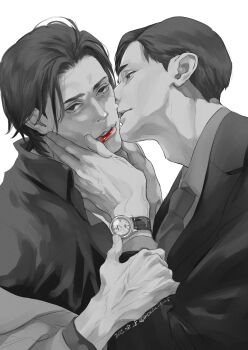 2boys absurdres adam's_apple akiyama_shun arai_hiroaki_(rgg) cheek_kiss commentary_request double_cheek_kiss dress_shirt formal_clothes highres holding_another's_wrist imminent_kiss kiss kissing_cheek lipstick makeup male_focus multiple_boys necktie nicacu no_jacket ryuu_ga_gotoku_(series) ryuu_ga_gotoku_4 shirt spot_color suit upper_body veins veiny_hands watch wristwatch yaoi
