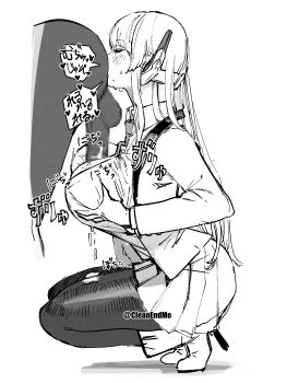 1boy 1girl anilingus blue_archive boots breasts from_side greyscale hetero highres large_breasts long_hair long_sleeves monochrome necktie noa_(blue_archive) otimusyairoha paizuri paizuri_under_clothes pantyhose penis reverse_paizuri rusty_trombone shirt simple_background skirt solo_focus speech_bubble squatting white_background