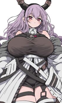 Rule 34 | 1girl, absurdres, arknights, bare shoulders, black hairband, black shorts, breasts, closed mouth, commentary request, grey jacket, hairband, highres, horns, jacket, kamatama, large breasts, long hair, looking at viewer, off shoulder, open clothes, open jacket, purple eyes, purple hair, short shorts, shorts, simple background, solo, typhon (arknights), white background