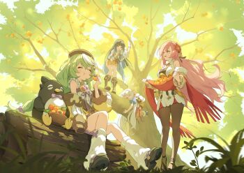 4girls apricot_(fruit) bare_shoulders black_hair black_pantyhose black_shoes blue_hair braid breasts character_request cleavage colored_inner_hair day dress frilled_dress frilled_skirt frills fuyuka_(stella_sora) game_cg gloves green_hair hair_ornament highres holding_shawl in_tree jacket kaede_(stella_sora) large_breasts leaf leaf_hair_ornament leg_warmers long_hair low_twin_braids maple_leaf maple_leaf_hair_ornament miniskirt multicolored_hair multiple_girls nazuna_(stella_sora) non-web_source off_shoulder official_art open_clothes open_jacket open_mouth pantyhose petal_bloom_(stella_sora) pink_hair red_eyes shawl sherlock_(stella_sora) shoes short_dress single_sleeve_past_fingers sitting skirt sleeveless sleeveless_dress standing stella_sora stuffed_animal stuffed_penguin stuffed_toy tearing_up tree twin_braids very_long_hair walking wavy_mouth white_dress white_gloves white_hair white_leg_warmers wooden_bowl yellow_jacket yellow_skirt