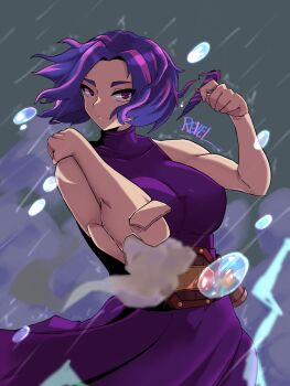 1girl absurdres artist_name blue_hair boku_no_hero_academia breasts dark_background dress highres lady_nagant light_smile lightning rain revelart smoke solo water_drop
