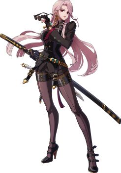 Rule 34 | 1girl, absurdres, artist request, black gloves, black pantyhose, black shorts, blood, breasts, cleavage, dnf duel, dungeon and fighter, dustloop (site), female slayer (dungeon and fighter), full body, glasses, gloves, high heels, highres, holding, holding sword, holding weapon, katana, large breasts, long hair, looking at viewer, official art, pantyhose, pantyhose under shorts, pink hair, red eyes, red lips, saitou chiwa, shorts, solo, spectre (dungeon and fighter), sword, transparent background, very long hair, voice actor connection, weapon