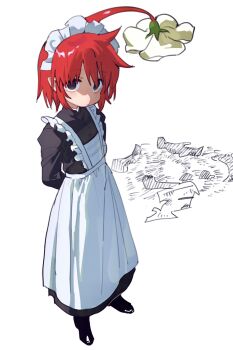 1girl apron black_dress closed_mouth dress empty_eyes flower frilled_apron frills full_body highres hufy long_sleeves looking_at_viewer maid maid_apron maid_headdress nintendo no_shoes personification pikmin_(creature) pikmin_(series) red_hair red_pikmin solo standing white_apron white_background