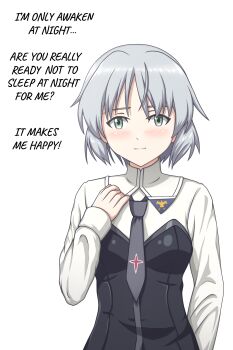 1girl absurdres blush breasts closed_mouth confession green_eyes hattorin highres looking_at_viewer military_uniform sanya_v._litvyak short_hair small_breasts smile solo strike_witches white_hair world_witches_series