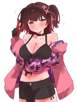 1girl absurdres arm_under_breasts black_bra black_choker black_shorts blush bra breasts brown_hair choker cleavage closed_mouth commentary_request hair_ornament highres hololive hood hoodie large_breasts looking_at_viewer medium_hair official_alternate_costume pink_hoodie roboco-san roboco-san_(open_pink_hoodie) shorts smile solo tepenchi two_side_up underwear v virtual_youtuber white_background x_hair_ornament