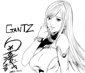 1girl breasts dated english_text gantz gantz_suit hand_on_own_cheek hand_on_own_face large_breasts lips long_hair looking_at_viewer monochrome oku_hiroya parted_lips shimohira_reika signature smile solo teeth upper_teeth_only