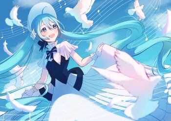 1girl ahoge aqua_eyes aqua_hair bird dress falling_feathers feathers hair_between_eyes hair_ornament hatsune_miku highres looking_at_another miku_symphony_(vocaloid) musical_note musical_staff official_alternate_costume official_alternate_hairstyle open_mouth short_sleeves smile twintails vocaloid white_dress white_feathers wrist_cuffs yomomo14
