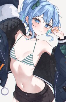1girl absurdres arm_up bikini bikini_top_only black_choker black_jacket black_shorts blue_eyes blue_hair blue_ribbon bow bow_earrings breasts choker commentary double-parted_bangs earrings english_commentary hair_between_eyes hair_ribbon halterneck hand_up highres hololive hoshimachi_suisei jacket jewelry looking_at_viewer magui3 nail_polish navel off_shoulder orange_nails ribbon short_hair short_shorts shorts side_ponytail simple_background small_breasts solo star_(symbol) star_in_eye stomach striped_bikini striped_clothes swimsuit symbol_in_eye virtual_youtuber