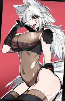 1girl absurdres ace_glitch animal_ear_fluff animal_ears armor black_eyeshadow blood bloody_knife breasts commentary discordia_(vtuber) english_commentary eyeshadow fox_ears fox_girl fox_tail highres holding holding_knife indie_virtual_youtuber knife large_breasts leotard linea_alba long_hair makeup navel o-ring open_mouth pauldrons pink_background red_eyes second-party_source see-through_clothes see-through_leotard sharp_teeth shoulder_armor solo spiked_pauldrons spikes tail teeth thighhighs tongue tongue_out virtual_youtuber white_hair