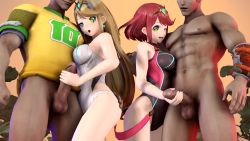 2boys 2girls 3d animated blonde_hair competition_swimsuit dark-skinned_male dark_skin eh handjob happy_trance highres hypno_eyes hypnosis looping_animation mind_control multiple_boys multiple_girls mythra_(radiant_beach)_(xenoblade) mythra_(xenoblade) one-piece_swimsuit penis pyra_(pro_swimmer)_(xenoblade) pyra_(xenoblade) red_hair slideshow_animation swimsuit uncensored video xenoblade_chronicles_(series) xenoblade_chronicles_2