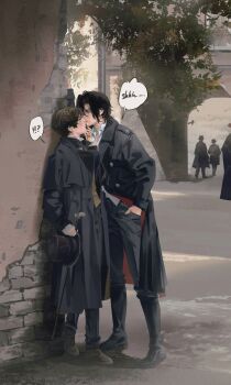 !? 2boys black_coat black_hair black_pants boots brown_hair buttons cane coat collared_shirt commentary curtained_hair english_commentary english_text face-to-face finger_to_mouth hand_in_pocket hand_on_another's_face hat height_difference highres holding holding_cane holding_unworn_clothes holding_unworn_hat klein_moretti lapels leonard_mitchell looking_at_another lord_of_the_mysteries male_focus multiple_boys outdoors pants partially_unbuttoned road shirt shoes short_hair shushing speech_bubble street tree two-sided_coat two-sided_fabric unworn_hat unworn_headwear white_shirt xuxu_(tsutsuji129) yaoi