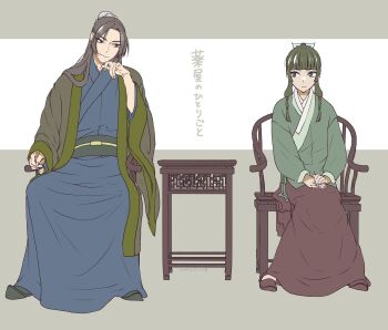 Rule 34 | 1boy, 1girl, absurdres, beads, black shoes, blue eyes, blue ribbon, blue robe, blunt bangs, border, bun cover, chair, chinese clothes, flats, full body, green eyes, green shirt, grey border, hair beads, hair bun, hair ornament, hair ribbon, hand on own chin, highres, jinshi (kusuriya no hitorigoto), kusuriya no hitorigoto, long hair, long skirt, looking at another, maomao (kusuriya no hitorigoto), parted bangs, pink eyes, purple hair, red shoes, red skirt, ribbon, robe, shirt, shoes, sidelocks, sitting, skirt, table, takehide