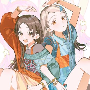 2girls :d :o arm_up back-to-back blonde_hair blue_shirt blunt_ends bracelet brown_eyes brown_hair cnsmsoup collared_shirt colored_eyelashes dress earrings feet_out_of_frame flipped_hair frilled_shirt_collar frills gakuen_idolmaster gradient_hair green_sweater grey_hair hair_ornament heart heart_arms heart_arms_duo highres idolmaster jewelry knees_up kuramoto_china laurels leaf_hair_ornament locked_arms long_hair long_sleeves looking_at_viewer michinaru_hirogaru_(idolmaster) multicolored_hair multiple_girls open_mouth orange_dress orange_eyes orange_shirt puffy_long_sleeves puffy_sleeves shinosawa_hiro shirt short_sleeves sitting skirt smile stud_earrings sweater undershirt yellow_skirt zoom_layer