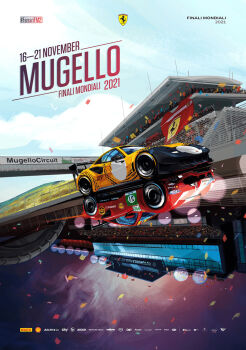 car circuit_de_la_sarthe cloud commentary confetti crowd different_reflection english_commentary ferrari ferrari_488 ferrari_challenge italian_text lens_flare light_trail motor_vehicle mugello_circuit night no_humans official_art pirelli race_vehicle racecar real_world_location red_car reflection shell_(company) simone_delladio sky split_screen spoiler_(automobile) sponsor united_parcel_service vehicle_focus