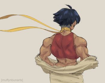 1girl back_muscles bare_shoulders black_hair choker dougi makoto_(street_fighter) muffynbunarts short_hair street_fighter tomboy yellow_choker
