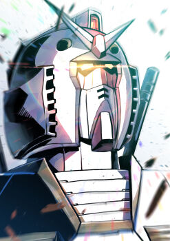 glowing glowing_eyes gundam highres kuri_giepi looking_up mecha mobile_suit mobile_suit_gundam parody quality robot rx-78-2_gundam solo upper_body v-fin white_background yellow_eyes
