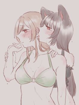 2girls animal_ears asuasu31415 bikini black_bikini black_hair blush breasts brown_hair cleavage commentary_request dog_ears ear_licking furen_e_lustario green_bikini highres holding_another&#039;s_wrist inui_toko licking long_hair medium_breasts multiple_girls nijisanji red_eyes sweat swimsuit virtual_youtuber yuri