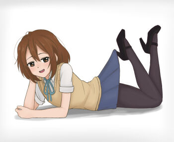 1girl andreypavlow black_pantyhose brown_eyes brown_hair cardigan commentary full_body high_heels highres hirasawa_yui hooked_on_heel k-on! looking_at_viewer lying mary_janes on_stomach open_mouth pantyhose pleated_skirt sakuragaoka_high_school_uniform school_uniform shirt shoes short_hair simple_background skirt smile smug solo sweater_vest the_pose yellow_cardigan