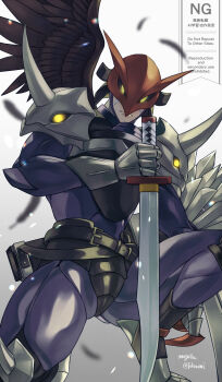 Rule 34 | 1boy, armor, asymmetrical wings, belt, black belt, black wings, bodysuit, claws, closed mouth, commentary request, denka (cloudy-gray), digimon, digimon (creature), facial mark, falling feathers, feathered wings, feathers, gauntlets, helmet, highres, holding, holding sword, holding weapon, katana, knee spikes, looking at viewer, male focus, mask, mismatched wings, purple bodysuit, ravmon, scabbard, sheath, shoulder armor, shoulder spikes, signature, simple background, solo, spikes, sword, watermark, weapon, white background, wings, yellow eyes