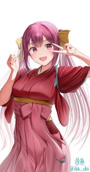 1girl alternate_hairstyle blush bow breasts commentary_request hair_bow hair_ribbon hakama hakama_skirt highres ibk_chii japanese_clothes kamikaze_(kancolle) kantai_collection kimono long_hair looking_at_viewer meiji_schoolgirl_uniform open_mouth pink_hakama purple_eyes purple_hair red_kimono ribbon skirt smile solo twintails twitter_username v white_background yellow_bow