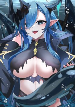 1girl absurdres air_bubble azur_lane black_coat black_horns blue_eyes blue_hair breasts bubble coat commentary covered_erect_nipples eyes_visible_through_hair hair_between_eyes highres horns large_breasts large_horns long_hair long_sleeves looking_at_viewer mary_celeste_(azur_lane) open_mouth pointy_ears revealing_clothes siota1998 solo teeth underboob underwater upper_body upper_teeth_only