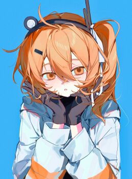 1girl a.i._voice adachi_rei black_gloves black_shirt blue_background double-parted_bangs double_v feiwusheng gloves hair_between_eyes hair_ornament hair_ribbon hairpin hashtag-only_commentary highres jacket looking_at_viewer medium_hair one_side_up orange_eyes orange_hair parted_lips radio_antenna ribbon shirt simple_background turtleneck turtleneck_shirt utau v white_jacket white_ribbon