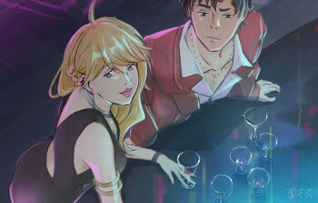 Rule 34 | 1boy, 1girl, ahoge, alcohol, antenna hair, armlet, artist request, backless dress, backless outfit, black dress, black hair, blonde hair, blue eyes, breasts, christine (lazarus), cleavage, collarbone, collared shirt, cup, dress, drinking glass, earrings, fingernails, from above, highres, jacket, jewelry, large breasts, lazarus, leaning forward, lips, lipstick, long hair, long sleeves, looking to the side, makeup, neck, necklace, nightclub, shirt, short hair, sleeveless, sleeveless dress, smile, standing, swept bangs, triangle earrings, wine glass, wristband