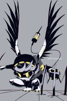 1boy armband black_hat black_jacket claws face_filter fewer_digits fur_trim grey_hair hat highres horizontal-striped_socks humanoid_robot jacket mechanical_arms mechanical_head mechanical_legs mechanical_tail mechanical_wings murder_drones n_(murder_drones) robot rocket_boots screen short-sleeved_jacket short_hair short_sleeves sonokare tail two-tone_hat wings yellow_armband yellow_eyes