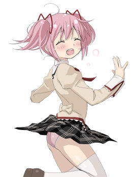 1girl ahoge black_skirt blush bow bowtie brown_shoes closed_eyes clothes_lift collared_shirt commentary_request facing_viewer foot_out_of_frame from_side hair_between_eyes highres juliet_sleeves kaname_madoka loafers long_sleeves mahou_shoujo_madoka_magica miniskirt mitakihara_school_uniform open_mouth panties pantyshot pink_hair pink_panties plaid_clothes plaid_skirt pleated_skirt puffy_sleeves red_bow red_bowtie school_uniform shirt shoes short_twintails simple_background skirt skirt_lift solo sweater teeth thighhighs turning_head twintails underwear upper_teeth_only white_background white_shirt white_thighhighs wind wind_lift yellow_sweater you2