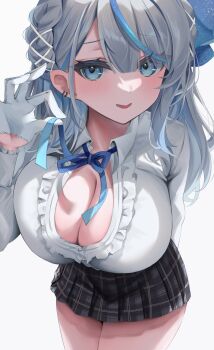 amagai_ruka arm_behind_back black_skirt blue_eyes blue_hair blue_ribbon blue_streaks breasts center_frills cleavage frills gloves grey_hair half_gloves hand_up highres large_breasts long_hair looking_at_viewer multicolored_hair open_clothes open_shirt parted_lips ribbon simple_background skirt smile solo standing streaked_hair uyu22mar virtual_youtuber weather_planet white_background white_gloves
