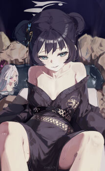 2girls absurdres bare_shoulders black_dress black_hair black_halo blue_archive blue_eyes blush commentary dress grey_halo grin hair_between_eyes halo highres hina_(blue_archive) kisaki_(blue_archive) looking_at_viewer multiple_girls onsen open_mouth purple_eyes smile wet white_hair zennyxd