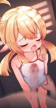 1boy 1girl absurdres ahoge akimiya_yamiku blonde_hair blush breasts camisole censored closed_eyes cum cum_in_clothes dark_skin ejaculation erection genshin_impact highres klee_(genshin_impact) loli long_hair looking_at_viewer mosaic_censoring naizuri naizuri_under_clothes open_mouth paizuri panties penis penis_under_another's_clothes pointy_ears pov see-through_camisole see-through_clothes small_breasts testicle_grab thigh_grab thighs twintails underwear underwear_only white_camisole white_panties