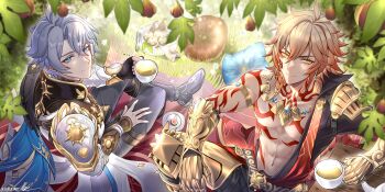 2boys absurdres antenna_hair arm_tattoo armlet armor armored_boots black_choker black_coat black_gloves black_pants black_shirt blonde_hair blue_cape blue_eyes boots braid cape chest_tattoo choker clawed_gauntlets coat commentary cup earrings english_commentary facial_tattoo fingerless_gloves gloves gold_earrings gold_necklace gradient_hair highres holding holding_cup honkai:_star_rail honkai_(series) jewelry leflayart male_focus medium_hair multicolored_hair multiple_boys mydei_(honkai:_star_rail) neck_tattoo necklace open_clothes open_coat pants parted_bangs pauldrons phainon_(honkai:_star_rail) red_hair red_tattoo shirt short_hair shoulder_armor side_braid side_cape single_glove single_pauldron sun_symbol sun_tattoo tan tattoo white_coat white_hair yellow_eyes