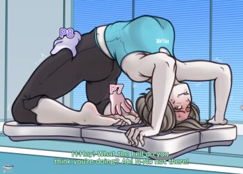 1girl about_to_burst arched_back ass barefoot big_breasts black_hair black_yoga_pants blue_sports_bra blush bra breasts bridge_position brown_hair capri_pants clenched_teeth colored_skin curvy disembodied_hand english_text exercising feet female_focus flexible full-face_blush full_face_blush game_console grey_hair grey_skin indoors kiimmotk large_breasts long_hair lying mirror narrow_waist nintendo pale_skin pants pantyhose ponytail shirt short_hair soles solo solo_focus sports_bra sportswear stretching struggling super_smash_bros. sweat sweatpants tank_top teeth thick_thighs thigh_grab thighs tickle_torture tickling tickling_feet toes underwear upside-down wheel_pose white_eyes white_skin wide_hips wii wii_balance_board wii_fit wii_fit_trainer yoga yoga_pants