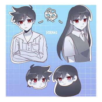 1boy 1girl alternate_color alternate_eye_color alternate_hair_color alternate_universe aoihiraki artist_name black_hair breast_pocket chibi closed_mouth collared_pajamas collared_shirt commentary double-parted_bangs english_commentary grey_sweater_vest hair_between_eyes hero_(headspace)_(omori) hero_(omori) highres long_hair long_sleeves looking_at_viewer mari_(headspace)_(omori) mari_(omori) omori pajamas pocket red_eyes rope_marks shirt short_hair striped_clothes striped_pajamas sweater_vest vertical-striped_clothes vertical-striped_pajamas white_shirt