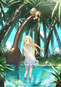 1girl absurdres alolan_exeggutor alolan_form alolan_vulpix blonde_hair blunt_bangs blunt_ends blush braid closed_mouth day dot_nose dress eredhen fangs floating_hair forest gen_7_pokemon green_eyes highres light_rays lillie_(pokemon) long_hair looking_at_viewer low_twin_braids mimikyu nature nintendo open_mouth outdoors palm_tree pokemon pokemon_(creature) pokemon_sm skirt_hold sleeveless sleeveless_dress smile solo sunbeam sundress sunlight tree twin_braids wading water white_dress