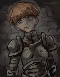 Rule 34 | 1girl, against wall, armor, blood, blood on armor, blood on clothes, blood on face, blue eyes, boobplate, breastplate, commentary, cropped arms, d&#039;arce (fear &amp; hunger), fear &amp; hunger, kingjoshua, knight, medium bangs, orange hair, parted lips, pauldrons, short hair, shoulder armor, solo, teeth, upper body, upper teeth only