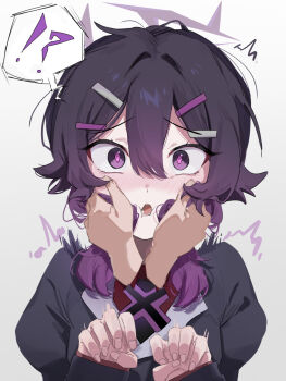 !? 1girl blue_archive cheek_squash commentary_request disembodied_hand gradient_hair hair_between_eyes hair_ornament hairclip halo hands_on_another's_face haruka_(blue_archive) highres juliet_sleeves light_blush long_sleeves looking_at_viewer multicolored_hair open_mouth picopico_hanma puffy_sleeves purple_hair purple_halo simple_background solo_focus surprised white_background