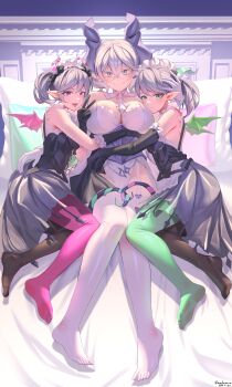 3girls absurdres ariane_the_labrynth_servant arianna_the_labrynth_servant armored_corset back breasts cleavage demon_girl demon_horns demon_wings detached_sleeves dress duel_monster elbow_gloves fang feet garter_straps gloves green_eyes green_thighhighs grey_eyes grey_hair highres horns hug huge_breasts large_breasts legs looking_at_viewer lovely_labrynth_of_the_silver_castle maid maid_headdress multiple_girls pink_eyes pink_thighhighs pointy_ears rare_lemon size_difference skin_fang small_breasts smile thighhighs thighs twintails v wings yu-gi-oh! yuri