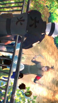 absurdres against_railing armband black_gloves black_hair black_headband black_shirt blurry blurry_foreground brown_hair child fingerless_gloves flak_jacket gloves green_vest grey_hair hatake_kakashi headband highres holding holding_weapon hood hood_up jacket konohagakure_shinobi_uniform looking_at_another male_focus multiple_boys naruto_(series) open_mouth ponytail railing red_armband scar scar_on_face scar_on_nose shirt short_hair smile t04_skyhigh umino_iruka vest weapon