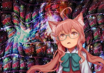 1girl absurdres ahoge animal_ear_fluff animal_ears blue-framed_eyewear blue_bow blue_bowtie blush bow bowtie can cat_ears collared_shirt commentary_request dress drink_can glasses hair_between_eyes hatomugi_seika highres kantai_collection long_hair makigumo_(kancolle) meme mountain_dew open_mouth orange_eyes pink_hair red_dress shirt sidelocks sleeveless sleeveless_dress soda_can solo space_cat_(meme) twintails upper_body very_long_hair white_shirt