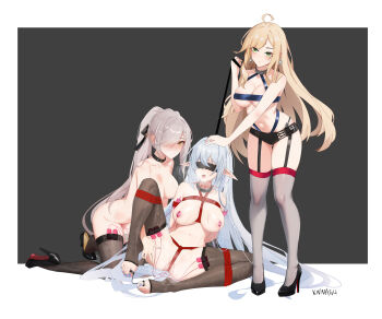 Rule 34 | 3girls, ahoge, arms behind back, bdsm, black blindfold, black footwear, black nails, black thighhighs, blindfold, blonde hair, blue hair, blush, bondage, bound, bound arms, bound legs, breast bondage, breasts, cleavage, collar, covered eyes, crotch rope, dildo, earrings, egg vibrator, elf, feet, femdom, frogtie, full body, garter straps, green eyes, grey hair, hair over one eye, hair ribbon, hand on another's head, high heels, highres, holding, holding leash, jewelry, large breasts, leash, long hair, looking at viewer, multiple girls, nail polish, navel, nipple stimulation, nipples, nude, object insertion, one eye covered, open mouth, pointy ears, ponytail, pussy juice, red rope, remote control vibrator, restrained, ribbon, rope, sex toy, shibari, shoes, short shorts, shorts, simple background, sitting, slave, smile, standing, stiletto heels, stirrup legwear, thighhighs, toeless legwear, toenail polish, toenails, toes, vaginal, vaginal object insertion, very long hair, vibrator, vibrator in thighhighs, vibrator on nipple, vibrator under clothes, xnnagu, yellow eyes, yuri